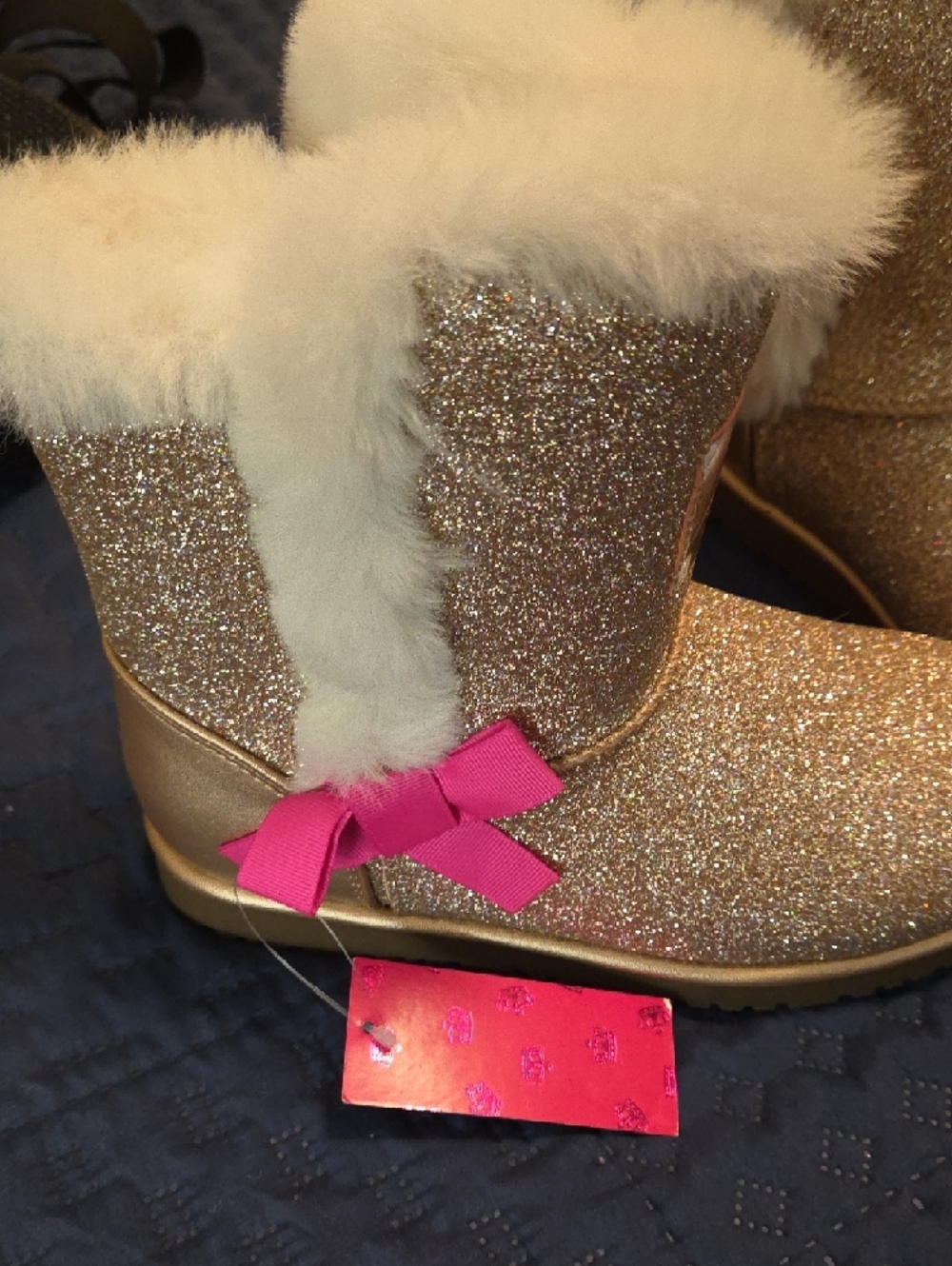 Juicy Couture Girls' Gold Glitter Boots with Cream Faux Fur - Picture 2 of 3